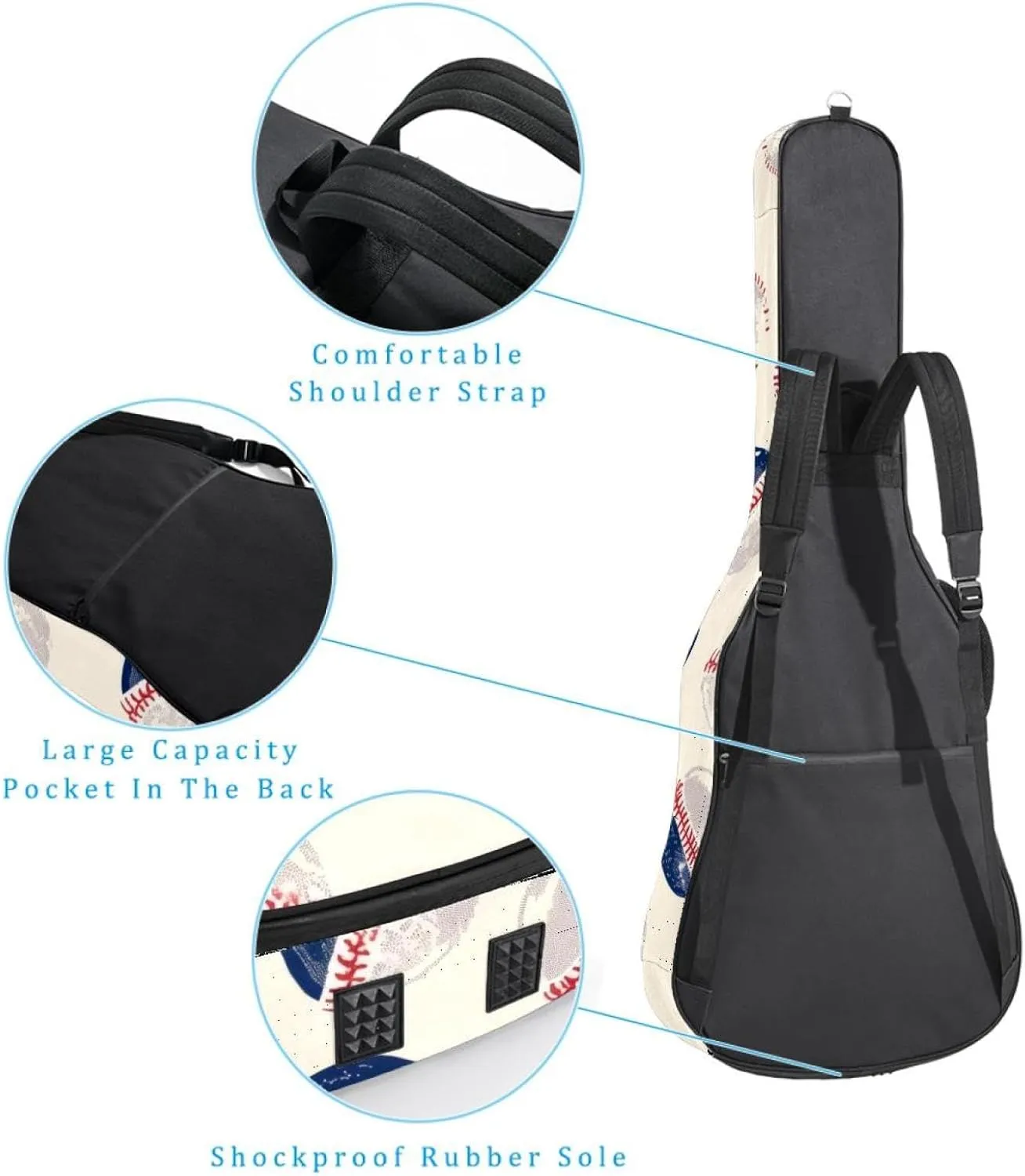 40 41 42 Inch Guitar Gig Bag, 0.4 In Thick Sponge Soft Padded Guitar Case Cover for Acoustic Electric Bass Classical Guitar, Baseball Pattern