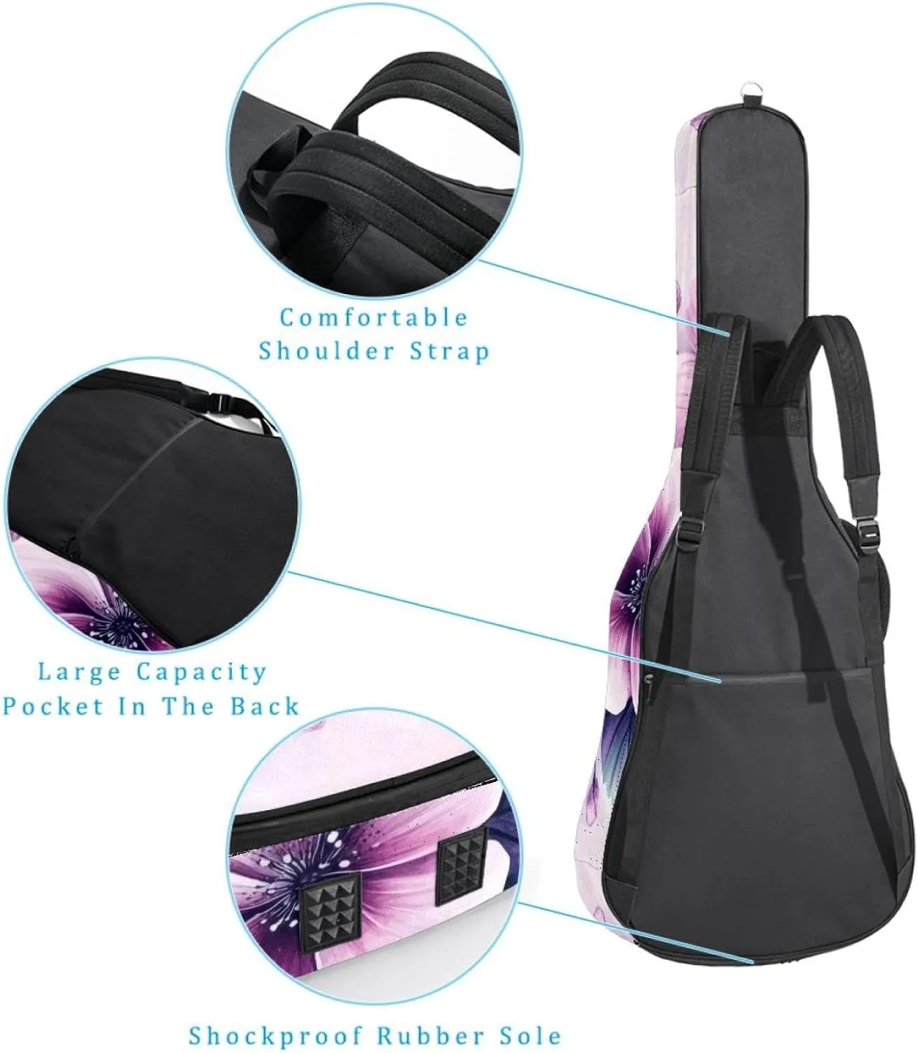 40 41 42 Inch Guitar Gig Bag, 0.4 In Thick Sponge Soft Padded Guitar Case Cover for Acoustic Electric Bass Classical Guitar, Pink and Violet Flowers Leaves