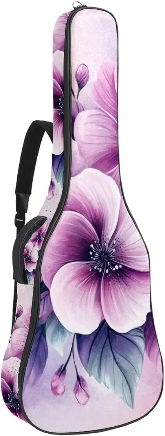 40 41 42 Inch Guitar Gig Bag, 0.4 In Thick Sponge Soft Padded Guitar Case Cover for Acoustic Electric Bass Classical Guitar, Pink and Violet Flowers Leaves