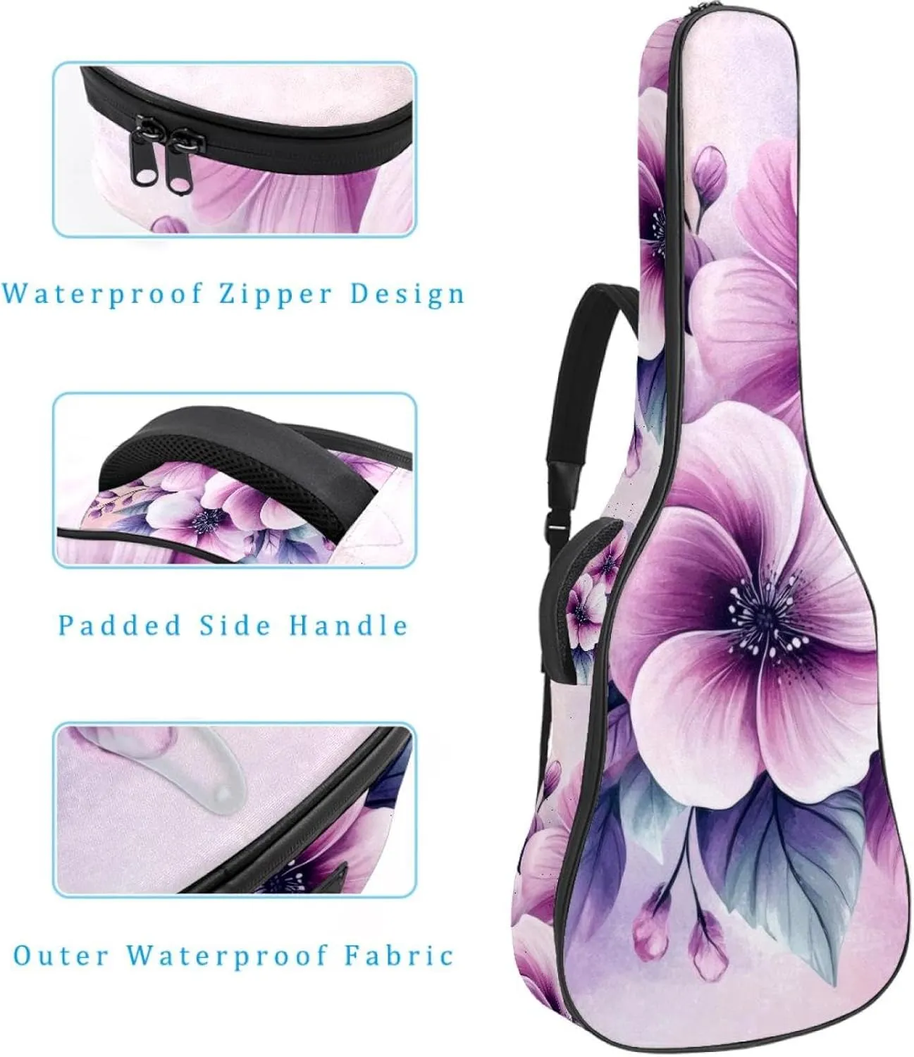 40 41 42 Inch Guitar Gig Bag, 0.4 In Thick Sponge Soft Padded Guitar Case Cover for Acoustic Electric Bass Classical Guitar, Pink and Violet Flowers Leaves