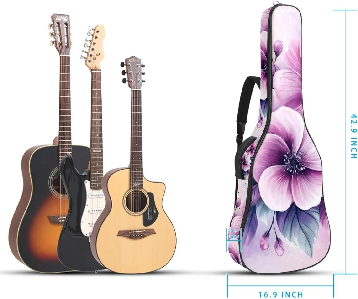 40 41 42 Inch Guitar Gig Bag, 0.4 In Thick Sponge Soft Padded Guitar Case Cover for Acoustic Electric Bass Classical Guitar, Pink and Violet Flowers Leaves