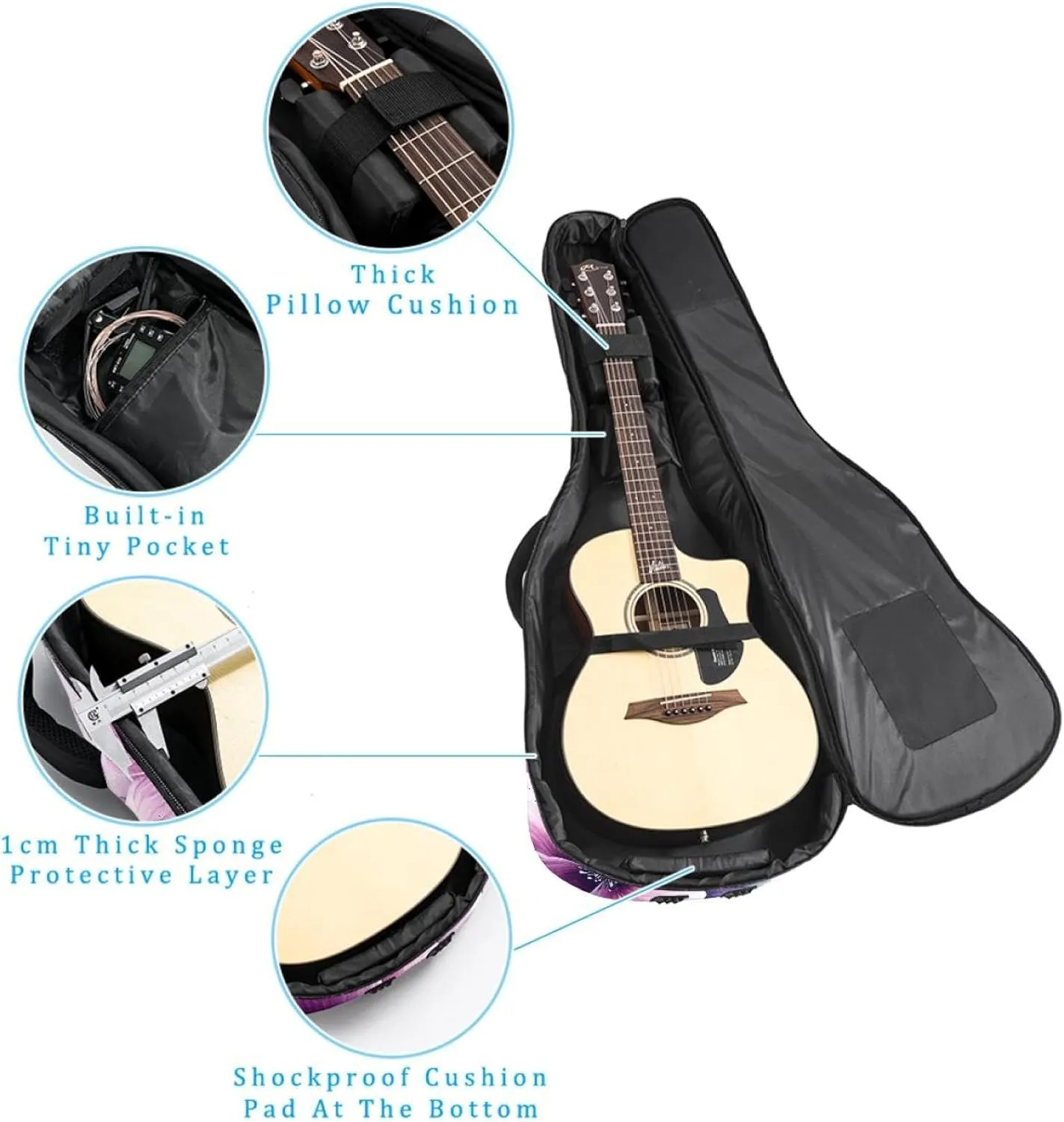 40 41 42 Inch Guitar Gig Bag, 0.4 In Thick Sponge Soft Padded Guitar Case Cover for Acoustic Electric Bass Classical Guitar, Pink and Violet Flowers Leaves