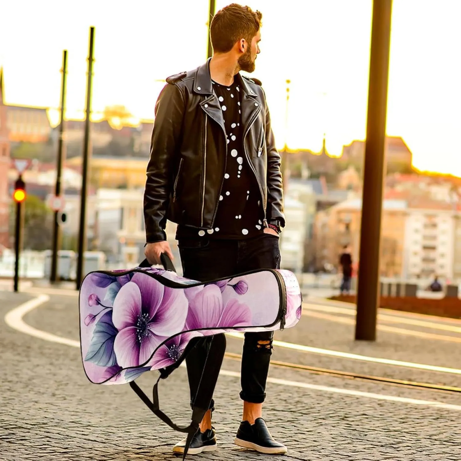 40 41 42 Inch Guitar Gig Bag, 0.4 In Thick Sponge Soft Padded Guitar Case Cover for Acoustic Electric Bass Classical Guitar, Pink and Violet Flowers Leaves