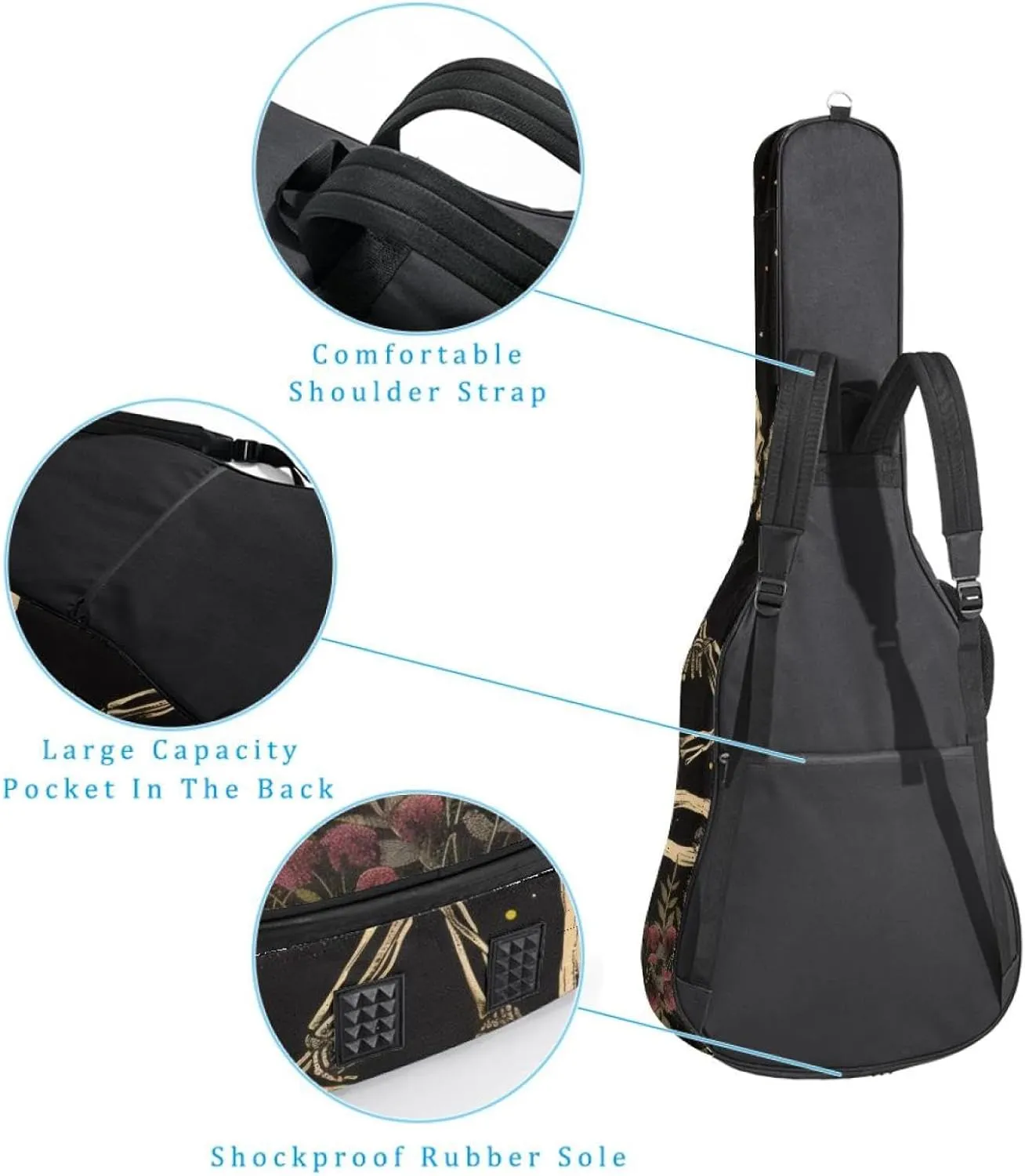 40 41 42 Inch Guitar Gig Bag, 0.4 In Thick Sponge Soft Padded Guitar Case Cover for Acoustic Electric Bass Classical Guitar, Skull Skeleton Lovers Vintage Plants Mushroom Moon
