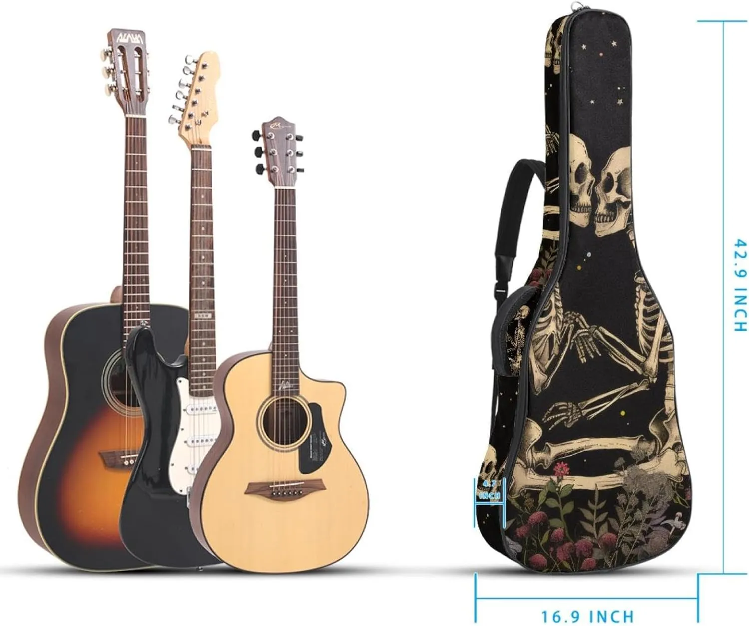 40 41 42 Inch Guitar Gig Bag, 0.4 In Thick Sponge Soft Padded Guitar Case Cover for Acoustic Electric Bass Classical Guitar, Skull Skeleton Lovers Vintage Plants Mushroom Moon
