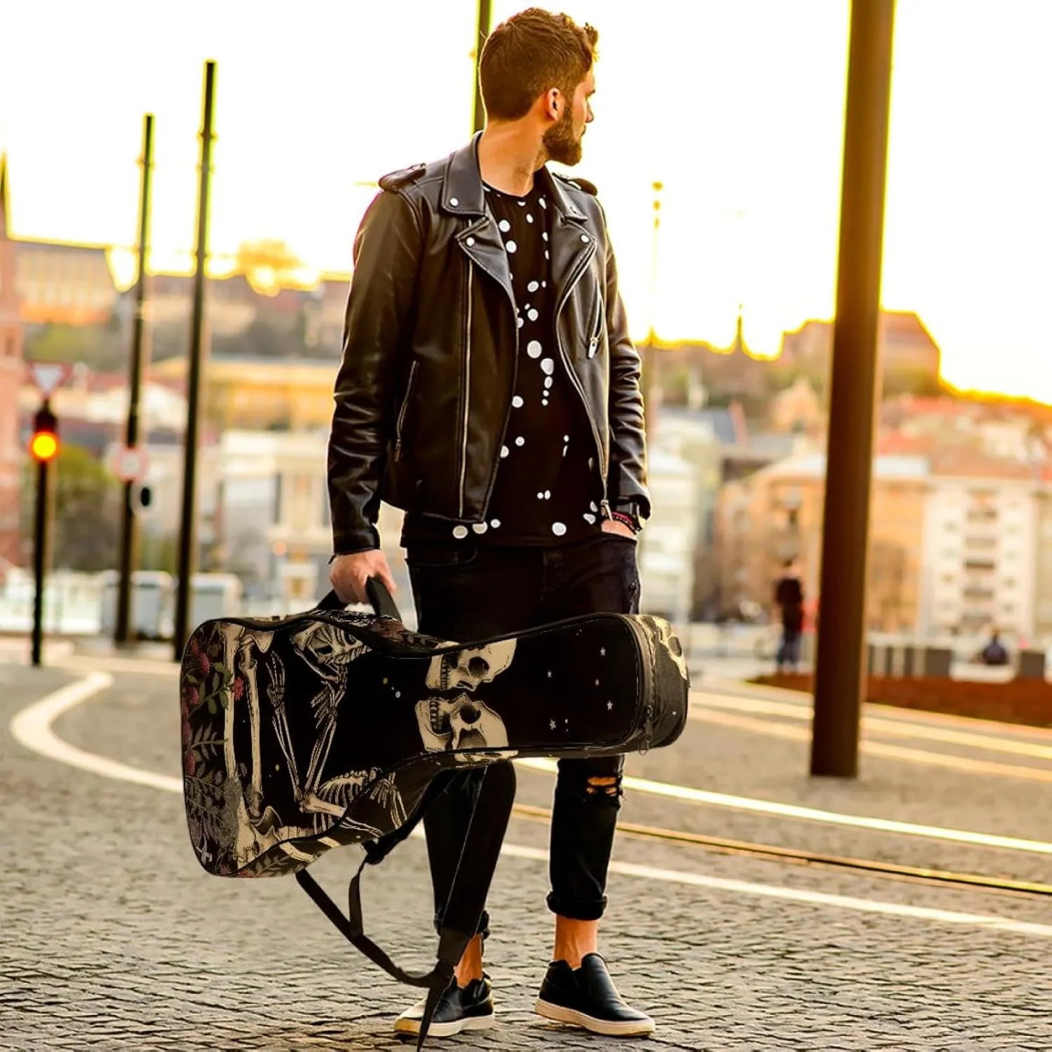 40 41 42 Inch Guitar Gig Bag, 0.4 In Thick Sponge Soft Padded Guitar Case Cover for Acoustic Electric Bass Classical Guitar, Skull Skeleton Lovers Vintage Plants Mushroom Moon