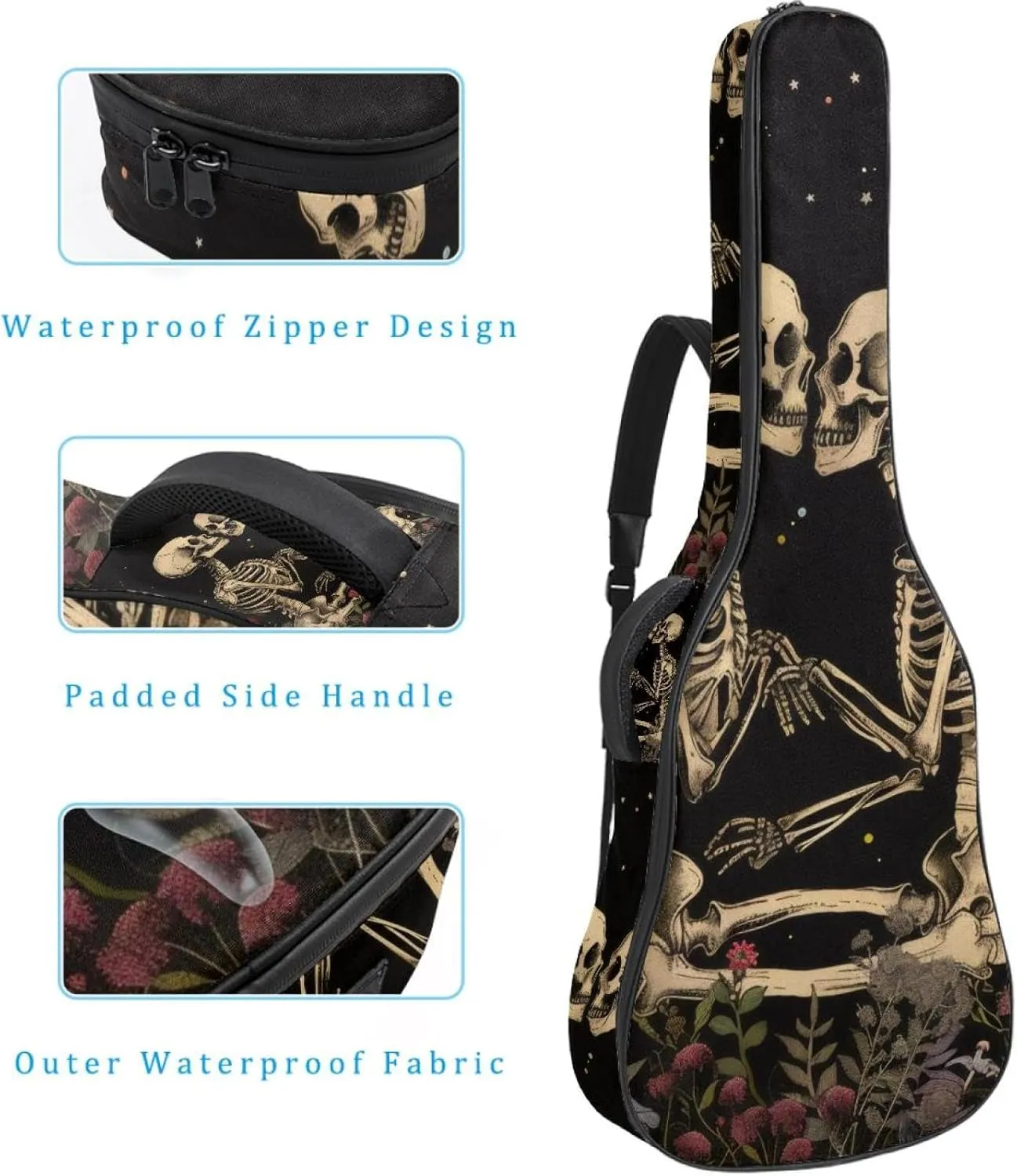 40 41 42 Inch Guitar Gig Bag, 0.4 In Thick Sponge Soft Padded Guitar Case Cover for Acoustic Electric Bass Classical Guitar, Skull Skeleton Lovers Vintage Plants Mushroom Moon