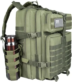 45L Large Army Green Military Tactical Backpack for Men，Travel Hiking Backpack with Bottle Holder, Laptop Backpack for Work, Men's Assault Bag Back Pack for Camping Hiking Fishing