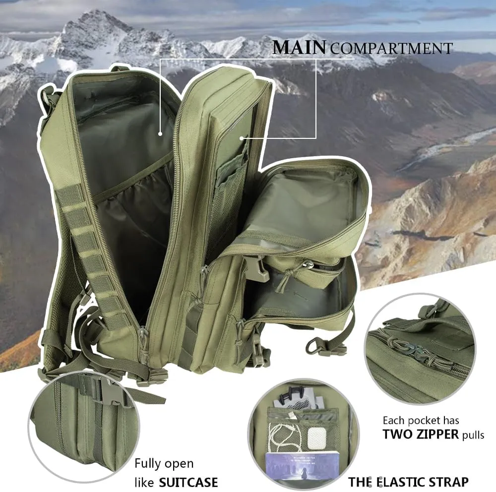 45L Large Army Green Military Tactical Backpack for Men，Travel Hiking Backpack with Bottle Holder, Laptop Backpack for Work, Men's Assault Bag Back Pack for Camping Hiking Fishing