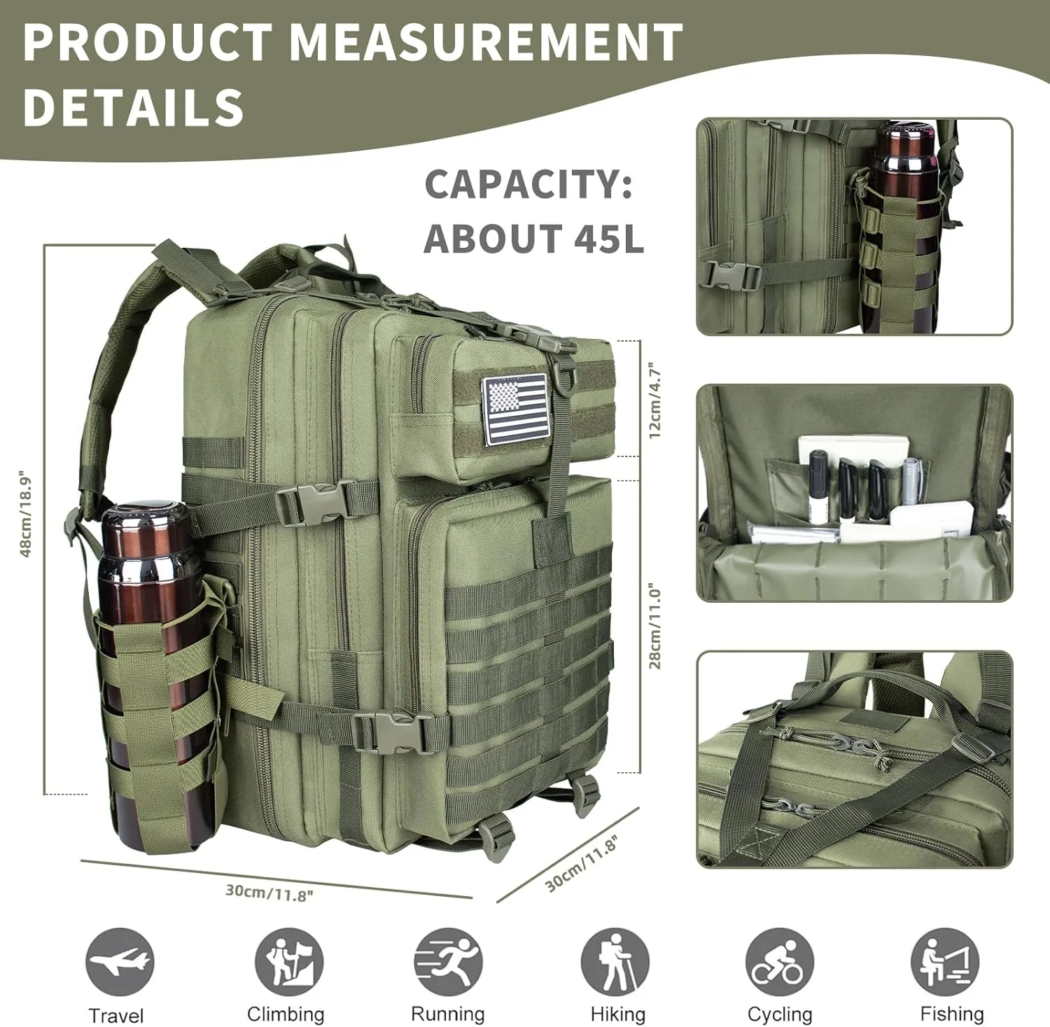 45L Large Army Green Military Tactical Backpack for Men，Travel Hiking Backpack with Bottle Holder, Laptop Backpack for Work, Men's Assault Bag Back Pack for Camping Hiking Fishing
