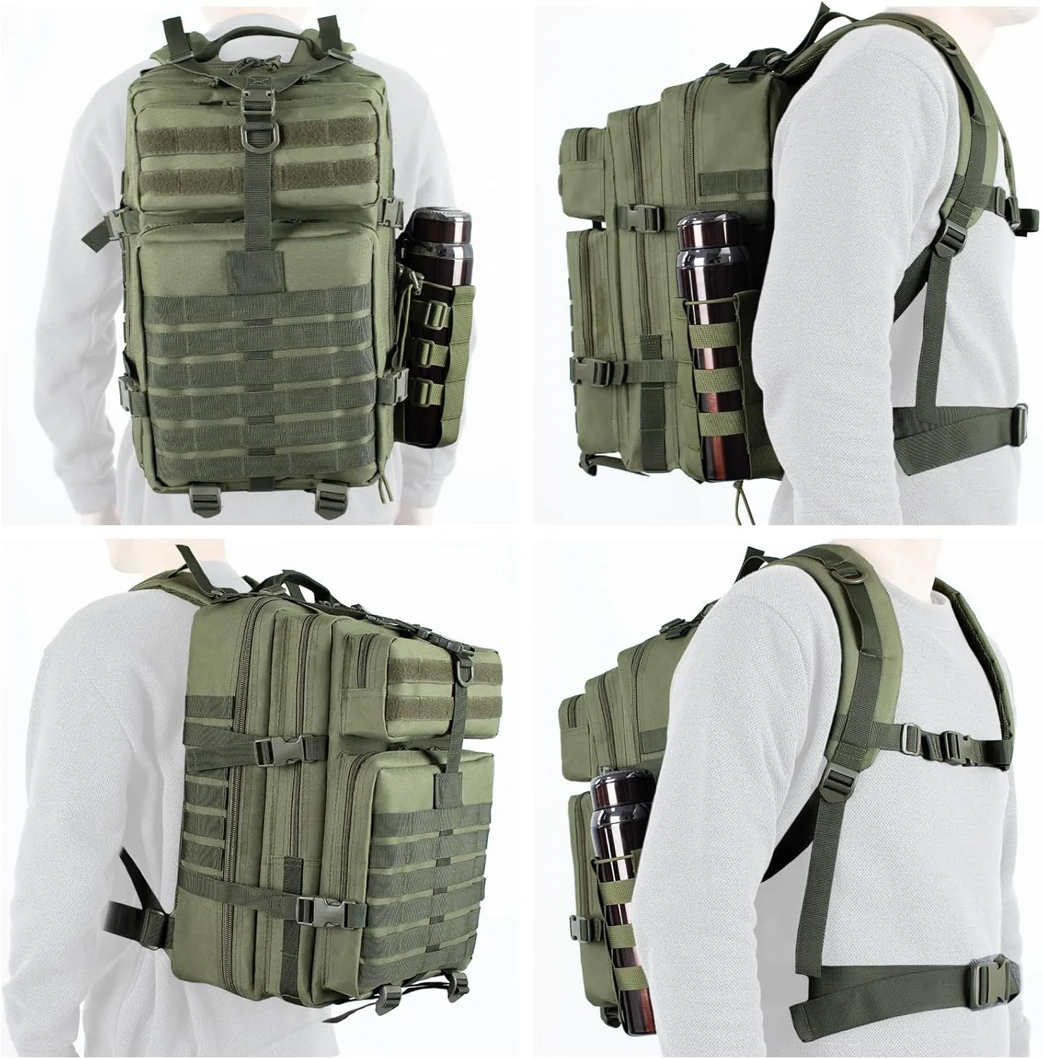 45L Large Army Green Military Tactical Backpack for Men，Travel Hiking Backpack with Bottle Holder, Laptop Backpack for Work, Men's Assault Bag Back Pack for Camping Hiking Fishing