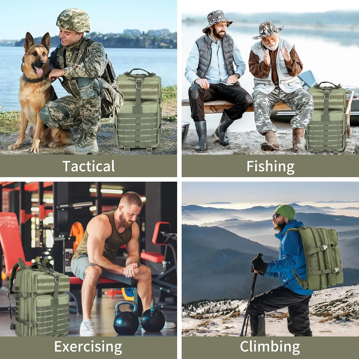 45L Large Army Green Military Tactical Backpack for Men，Travel Hiking Backpack with Bottle Holder, Laptop Backpack for Work, Men's Assault Bag Back Pack for Camping Hiking Fishing