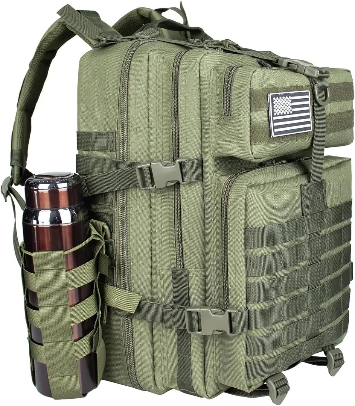 45L Large Army Green Military Tactical Backpack for Men，Travel Hiking Backpack with Bottle Holder, Laptop Backpack for Work, Men's Assault Bag Back Pack for Camping Hiking Fishing