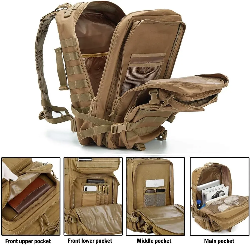 45L Military Tactical Backpack Molle Army Assault Pack 3-Day Bug Out Bag for Hiking, Camping & Outdoor Survival - Khaki