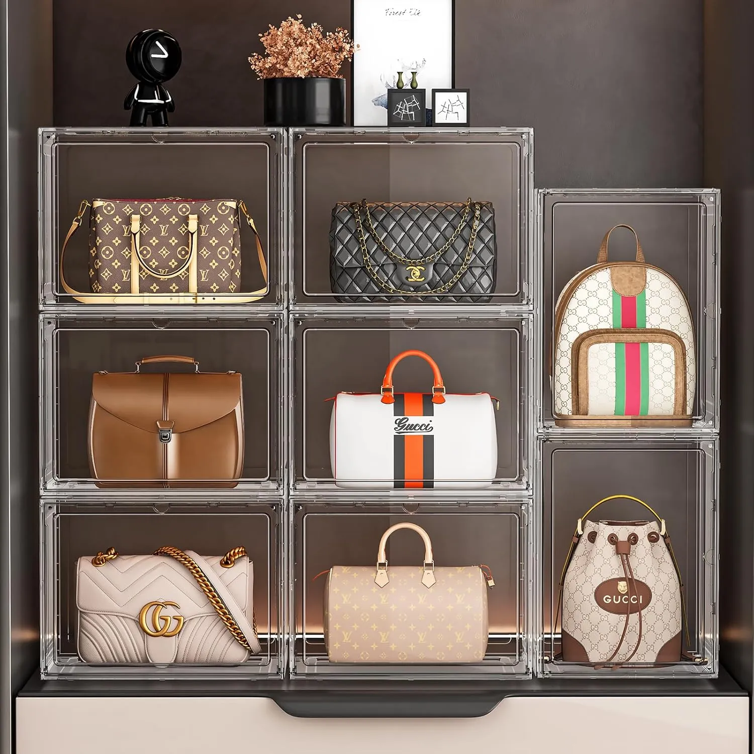 5 Pack Purse Organizer for Closet, Handbag Storage Organizer Stackable Display Case with Magnetic Door, Closet Storage Bins for Handbag, Purse, Backpack, Collectibles, White