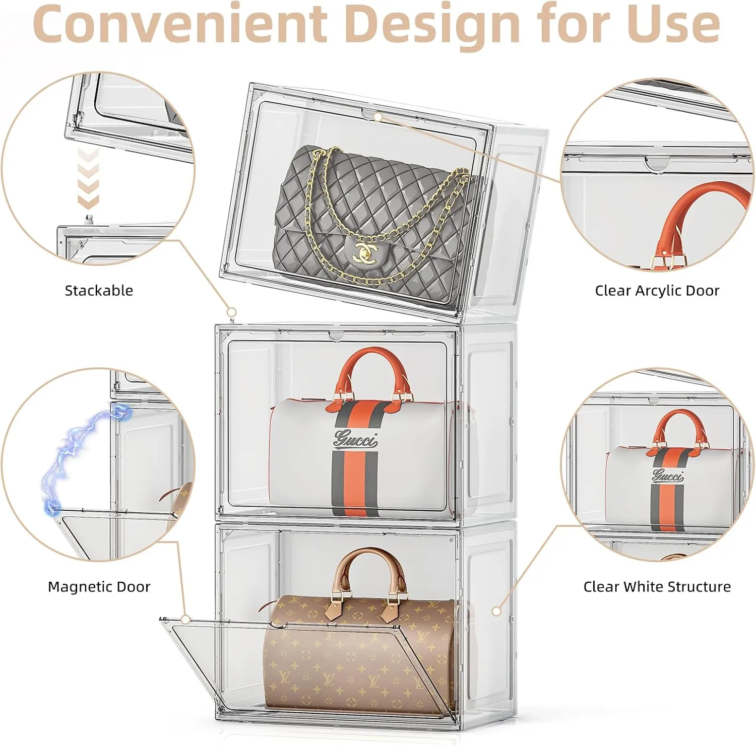 5 Pack Purse Organizer for Closet, Handbag Storage Organizer Stackable Display Case with Magnetic Door, Closet Storage Bins for Handbag, Purse, Backpack, Collectibles, White