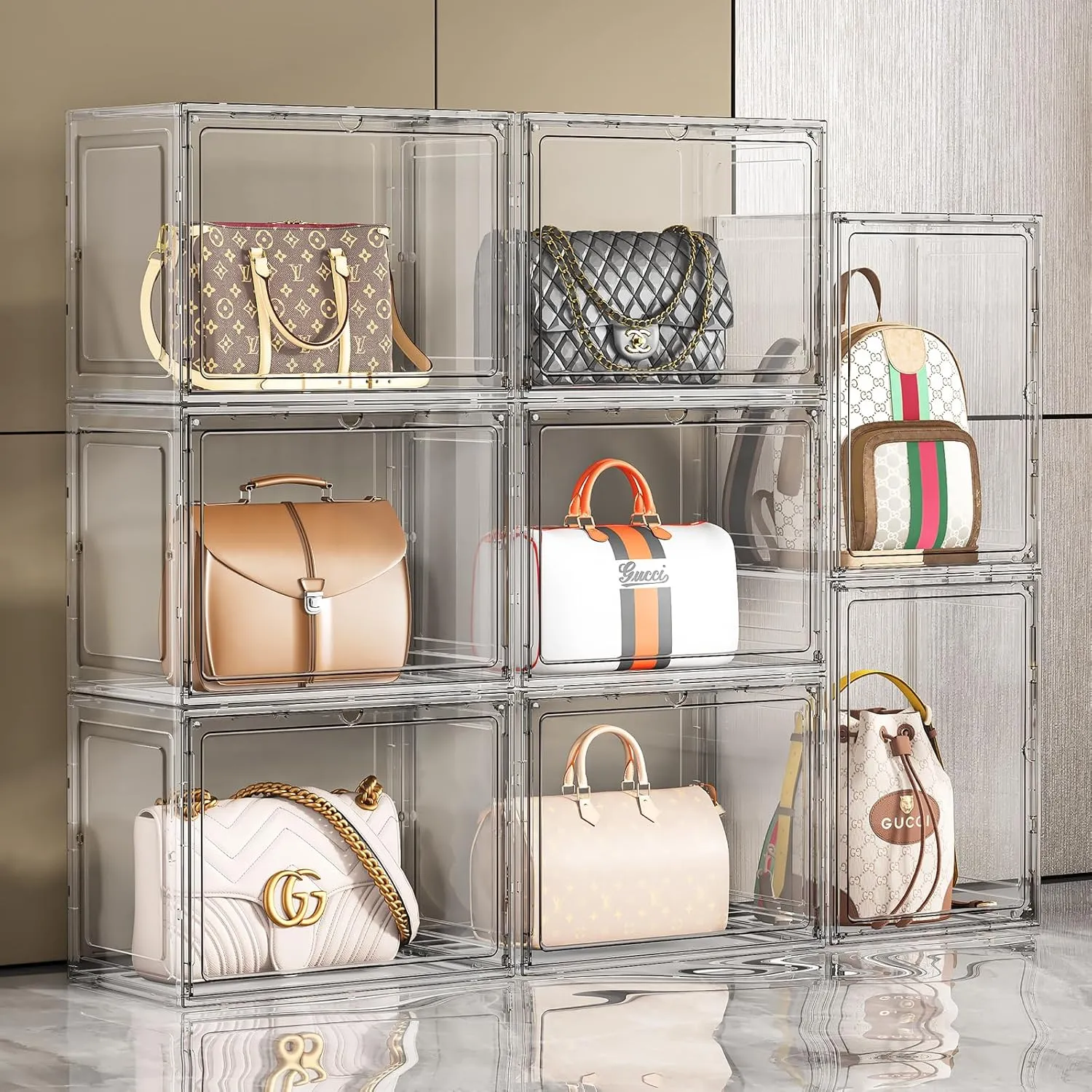 5 Pack Purse Organizer for Closet, Handbag Storage Organizer Stackable Display Case with Magnetic Door, Closet Storage Bins for Handbag, Purse, Backpack, Collectibles, White