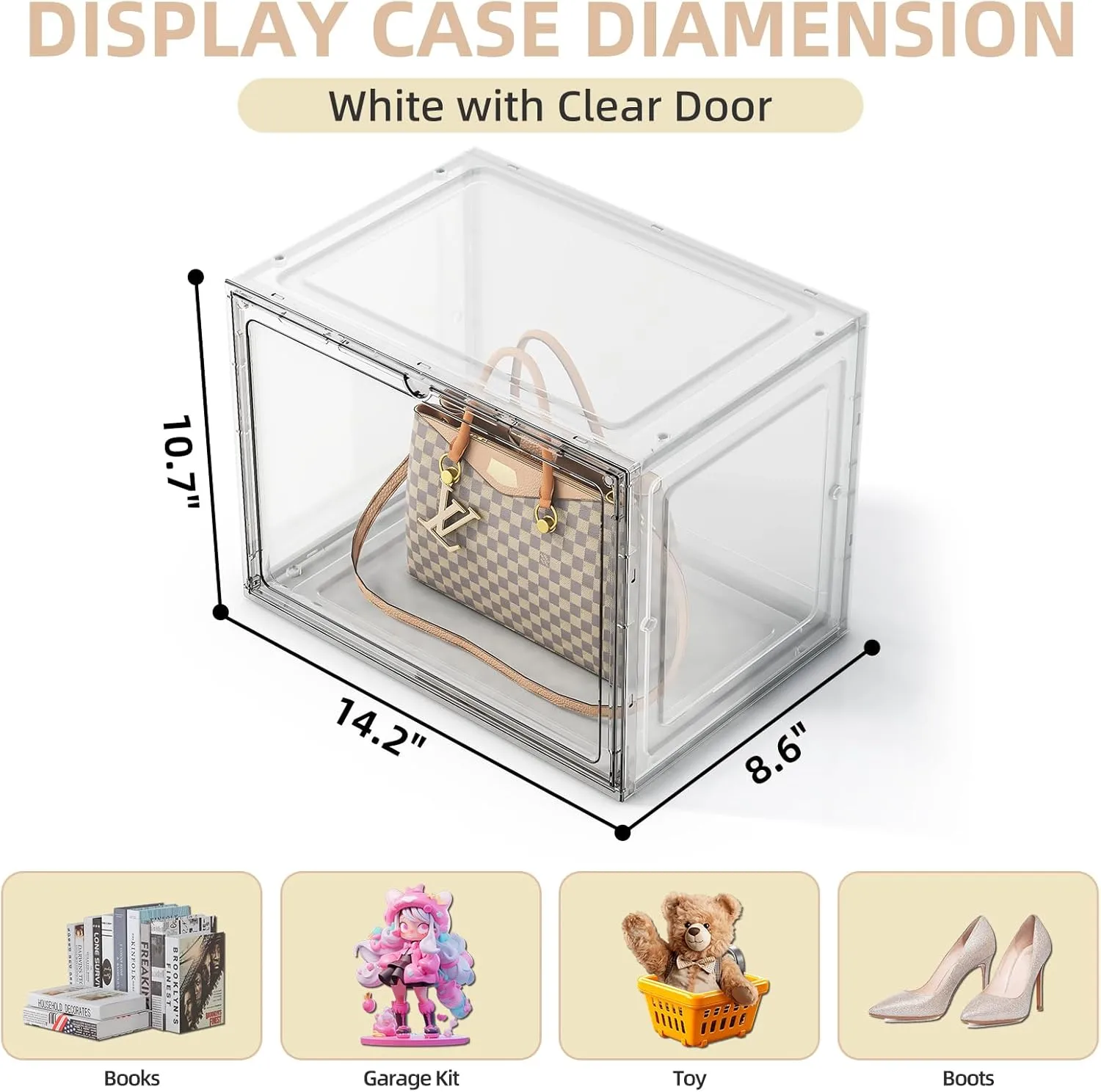 5 Pack Purse Organizer for Closet, Handbag Storage Organizer Stackable Display Case with Magnetic Door, Closet Storage Bins for Handbag, Purse, Backpack, Collectibles, White