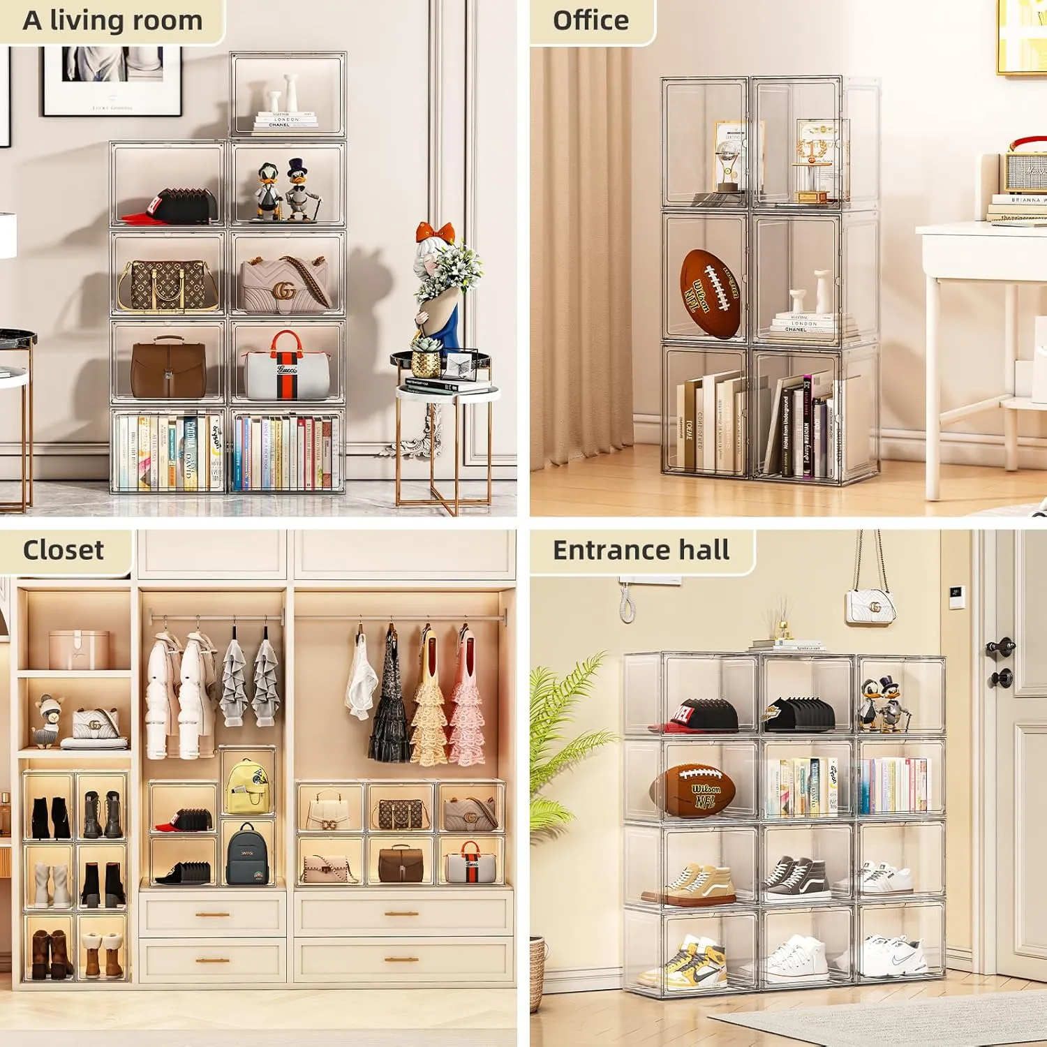 5 Pack Purse Organizer for Closet, Handbag Storage Organizer Stackable Display Case with Magnetic Door, Closet Storage Bins for Handbag, Purse, Backpack, Collectibles, White