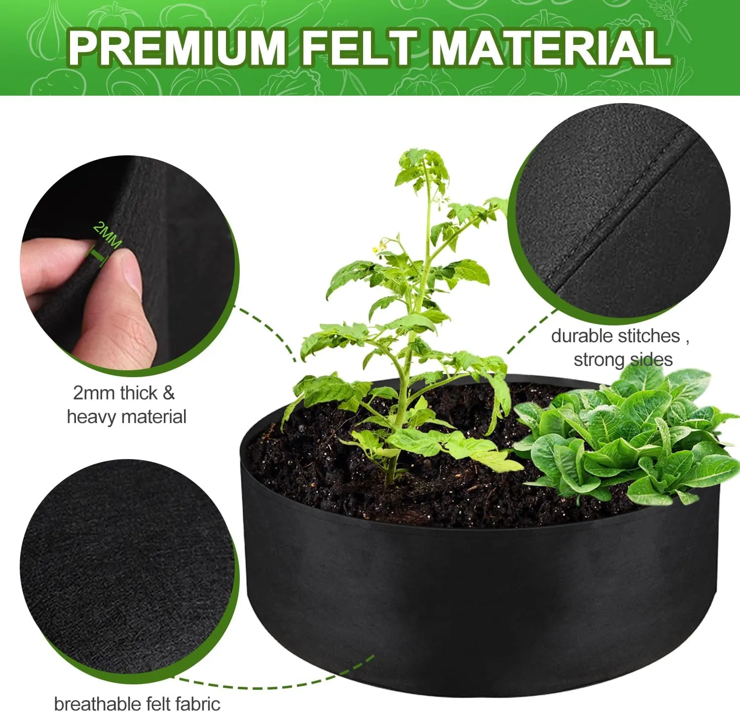 50 Gallon Large Grow Bag, Heavy Duty Fabric Round Raised Garden Bed Planter Pots for Planting Herb Flower Vegetable Potato Plants (36" D x 12" H, Black)
