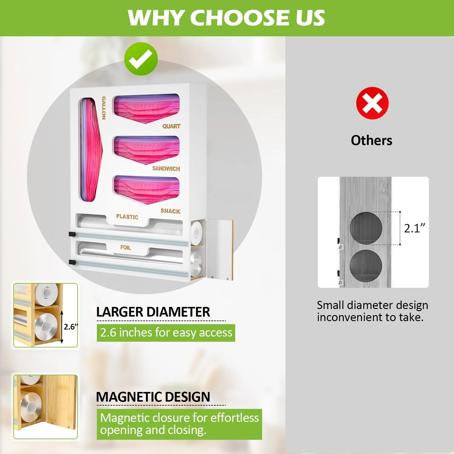 6 in 1 Bag Organizer and Wrap Dispenser with Magnetic Lid - Plastic Wrap Dispenser with Cutter for Kitchen Drawer, Storage for Gallon, Quart, Sandwich, Snack Bags, and Foil White