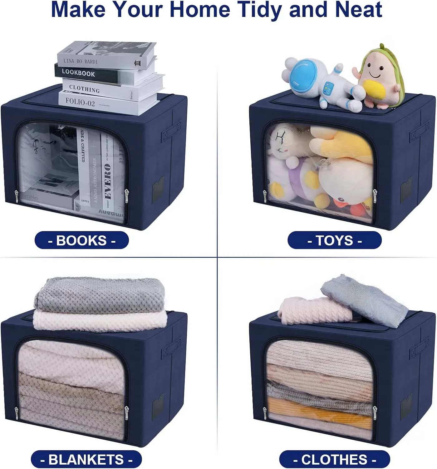 66L Large Capacity Clothes Storage Bag Organizer 3 Pack with Fiberglass Frame Oxford Fabric for Comforters, Blankets, Quilt, Stackable Foldable Closet Storage Containers with Zipper, Clear Window
