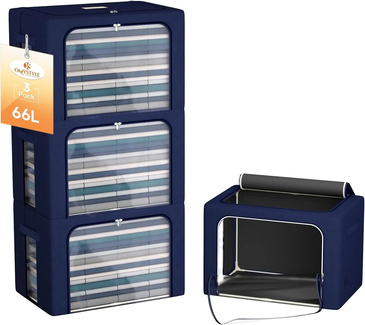 66L Large Capacity Clothes Storage Bag Organizer 3 Pack with Fiberglass Frame Oxford Fabric for Comforters, Blankets, Quilt, Stackable Foldable Closet Storage Containers with Zipper, Clear Window