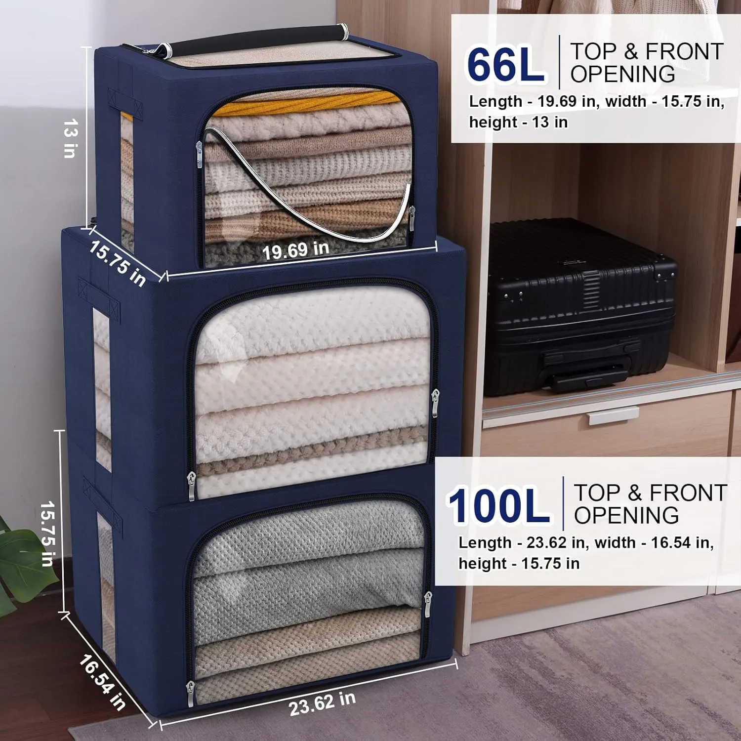 66L Large Capacity Clothes Storage Bag Organizer 3 Pack with Fiberglass Frame Oxford Fabric for Comforters, Blankets, Quilt, Stackable Foldable Closet Storage Containers with Zipper, Clear Window