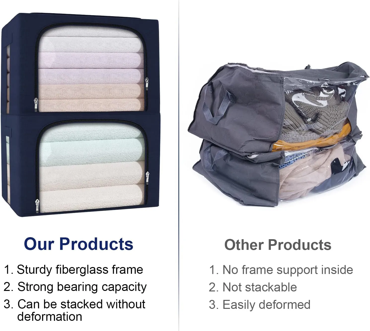 66L Large Capacity Clothes Storage Bag Organizer 3 Pack with Fiberglass Frame Oxford Fabric for Comforters, Blankets, Quilt, Stackable Foldable Closet Storage Containers with Zipper, Clear Window