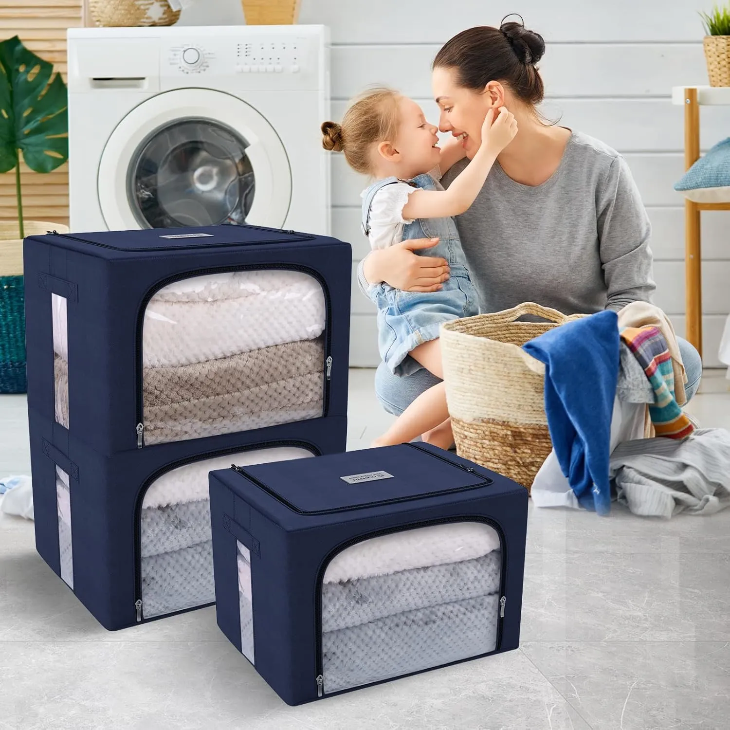 66L Large Capacity Clothes Storage Bag Organizer 3 Pack with Fiberglass Frame Oxford Fabric for Comforters, Blankets, Quilt, Stackable Foldable Closet Storage Containers with Zipper, Clear Window