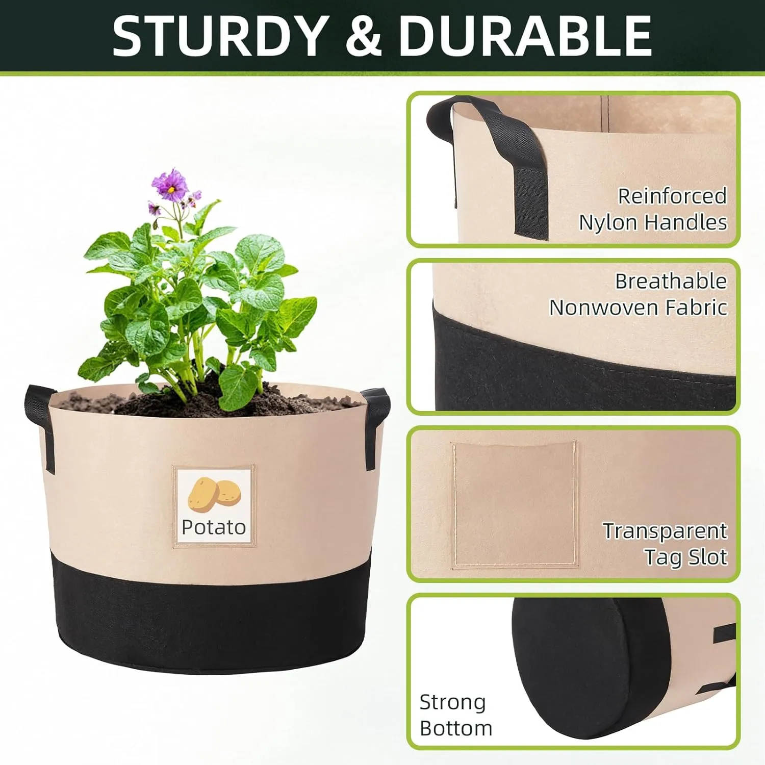 7 Gallon Fabric Grow Bags, 10 Pack Heavy Duty Thickened Nonwoven Plant Grow Bags with Handles and Label Bags, Fabric Plant Pots for Growing Vegetables Flowers Herbs (Black Mixed Camel)