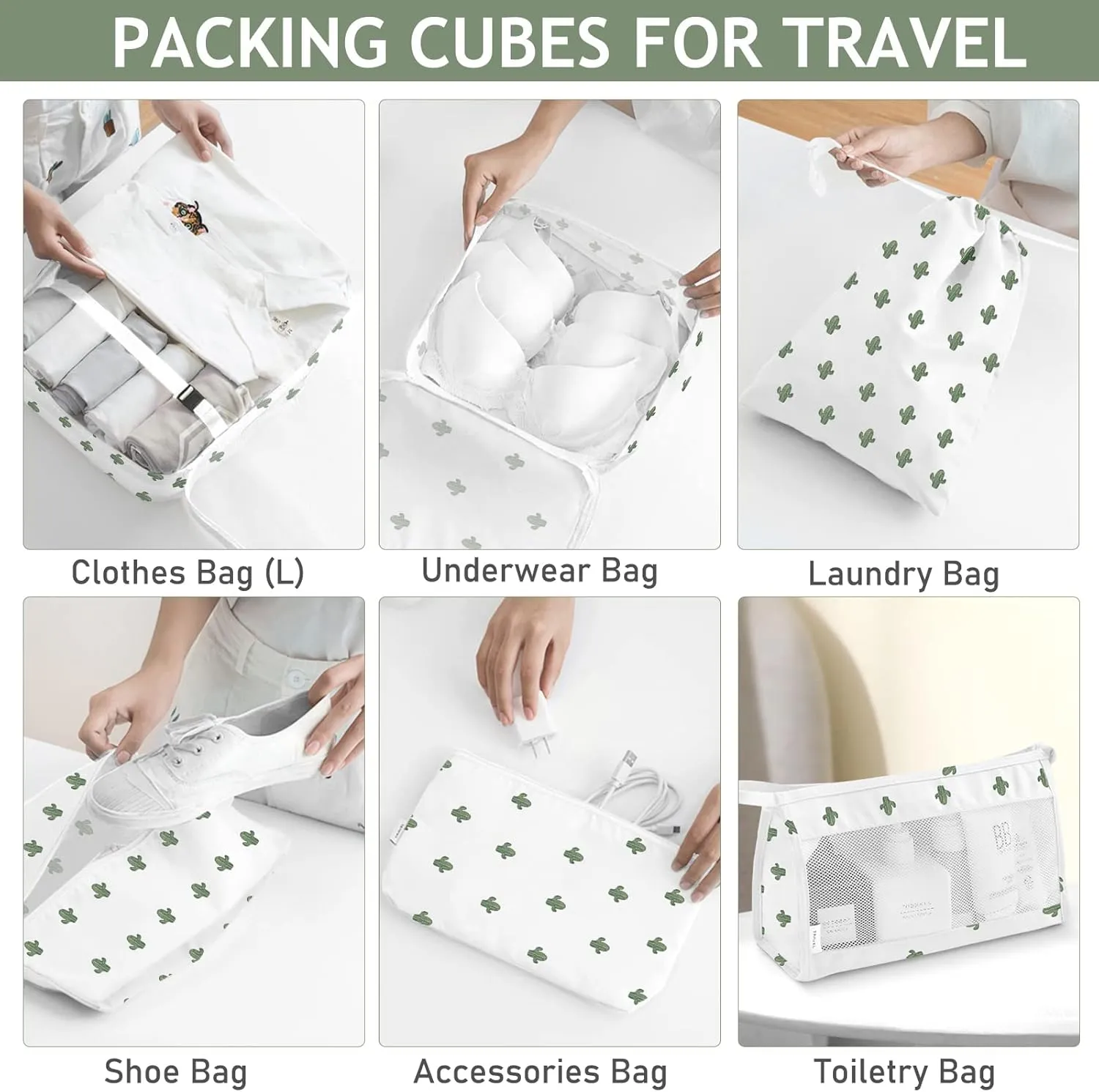 8 Set Packing Cubes for Travel, Travel Luggage Packing Organizers, Travel Accessories Large Toiletries Bag for Clothes Shoes Cosmetics Toiletries (Blue), Cactus