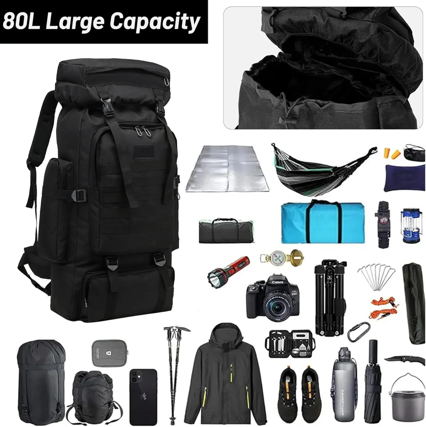 80L 2Pcs Hiking Backpack for Men Women With Sling Tactical Backpack - Molle Military Tactical Rucksack Waterproof Lightweight Hiking Backpack 3 Day Assault Pack For Travel, Climbing