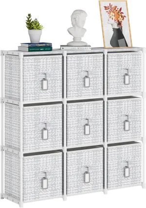 9 Cube Storage Organizer with Printed Drawers, Toy Cubby Storage for Closet, Living Room, Dorm - White
