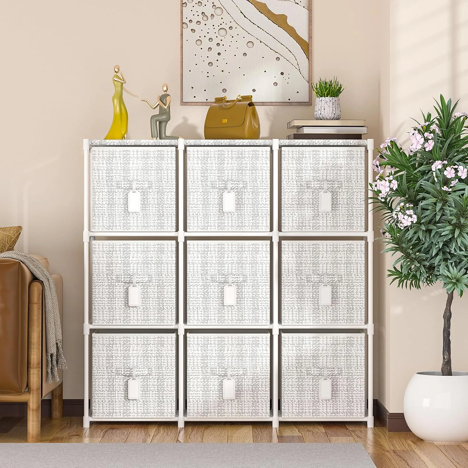 9 Cube Storage Organizer with Printed Drawers, Toy Cubby Storage for Closet, Living Room, Dorm - White
