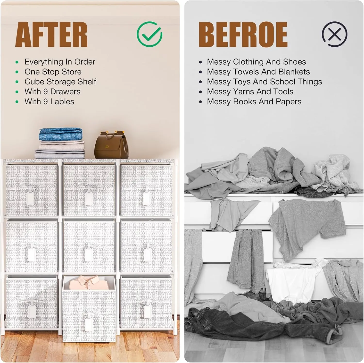 9 Cube Storage Organizer with Printed Drawers, Toy Cubby Storage for Closet, Living Room, Dorm - White