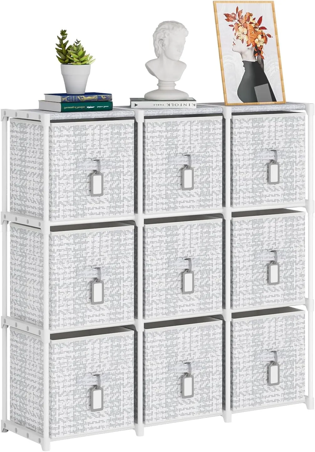 9 Cube Storage Organizer with Printed Drawers, Toy Cubby Storage for Closet, Living Room, Dorm - White