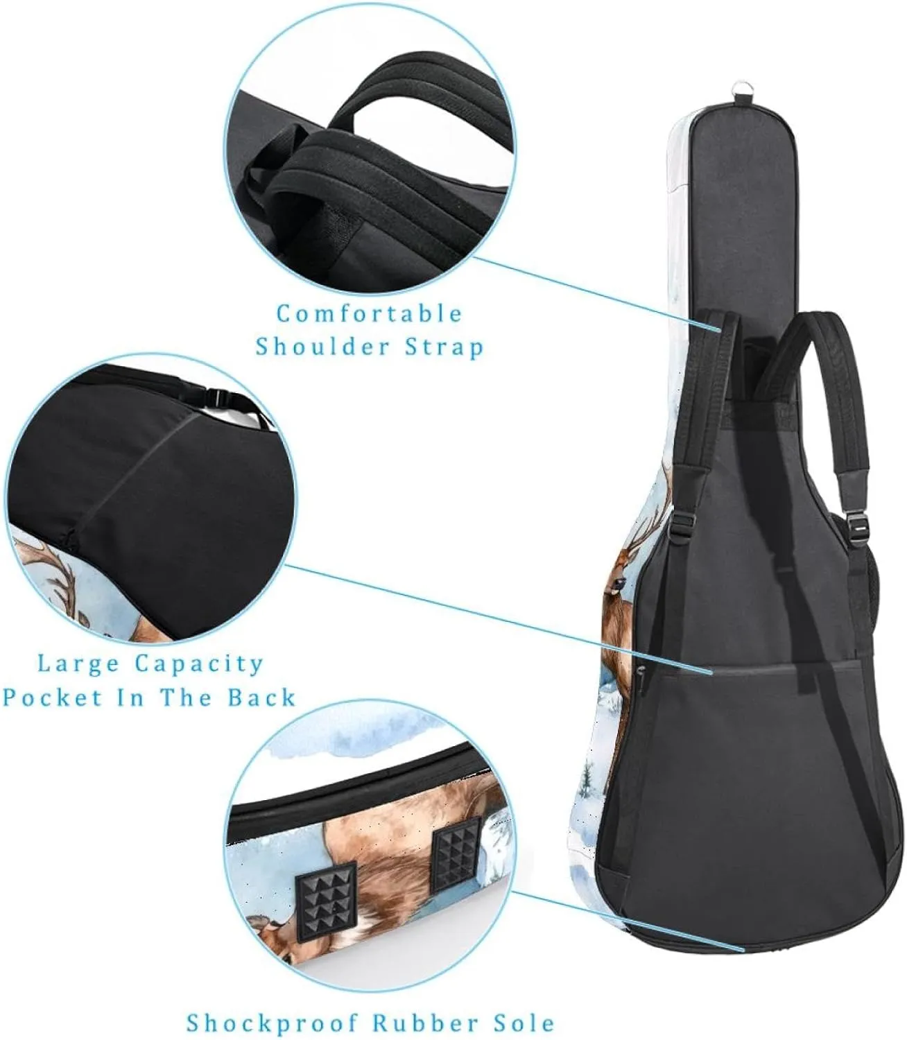 Acoustic Guitar Bag 1 cm Thick Padding, Waterproof Oxford Cloth Guitar Bag Backpack for 40-42 Inch Electric Bass Classical Guitars, Art Watercolor Wild Forest Deer Surrounded by Fir Trees
