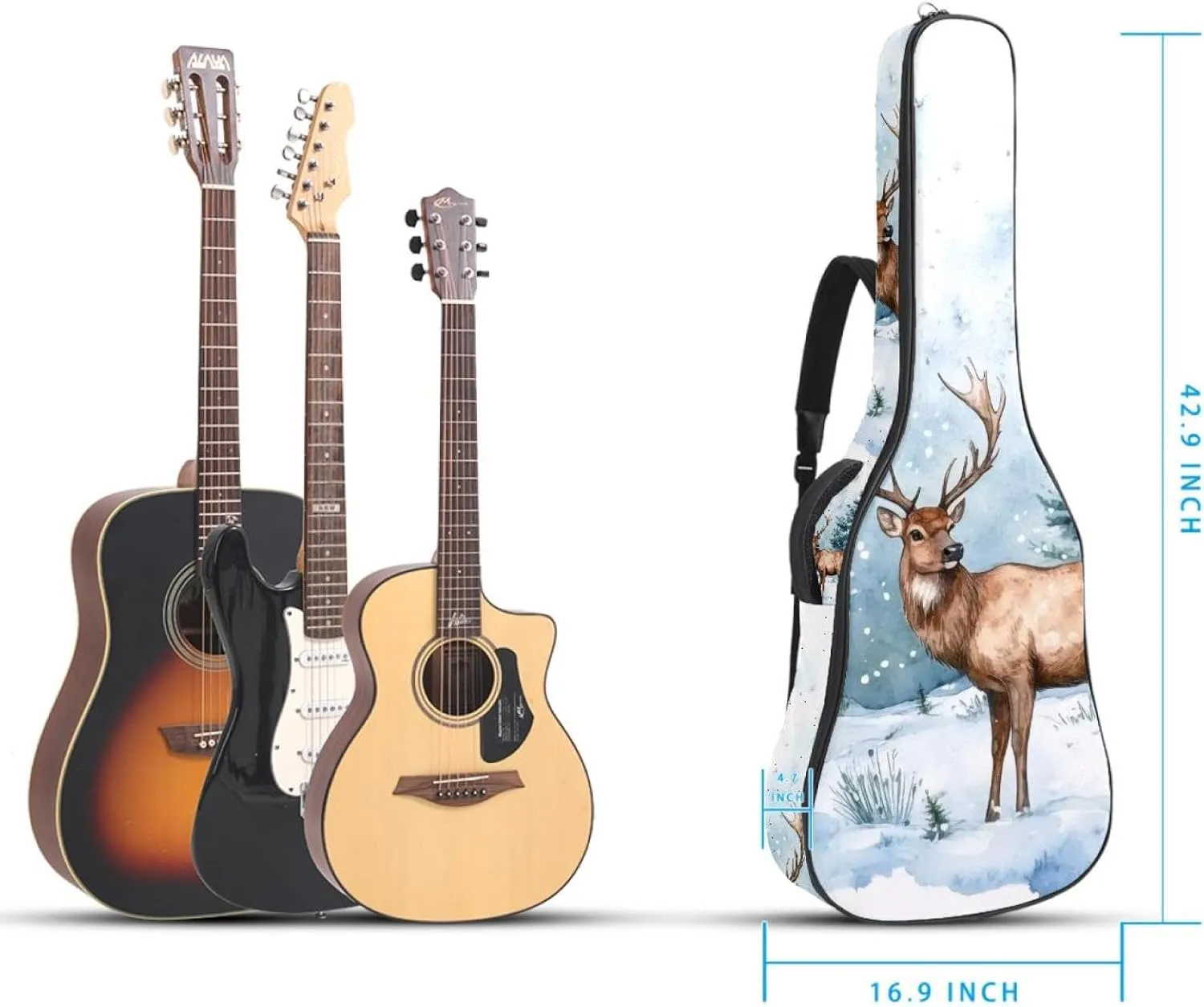 Acoustic Guitar Bag 1 cm Thick Padding, Waterproof Oxford Cloth Guitar Bag Backpack for 40-42 Inch Electric Bass Classical Guitars, Art Watercolor Wild Forest Deer Surrounded by Fir Trees