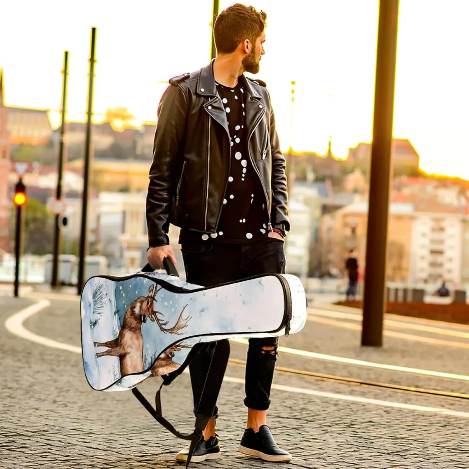 Acoustic Guitar Bag 1 cm Thick Padding, Waterproof Oxford Cloth Guitar Bag Backpack for 40-42 Inch Electric Bass Classical Guitars, Art Watercolor Wild Forest Deer Surrounded by Fir Trees