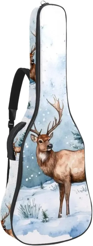 Acoustic Guitar Bag 1 cm Thick Padding, Waterproof Oxford Cloth Guitar Bag Backpack for 40-42 Inch Electric Bass Classical Guitars, Art Watercolor Wild Forest Deer Surrounded by Fir Trees