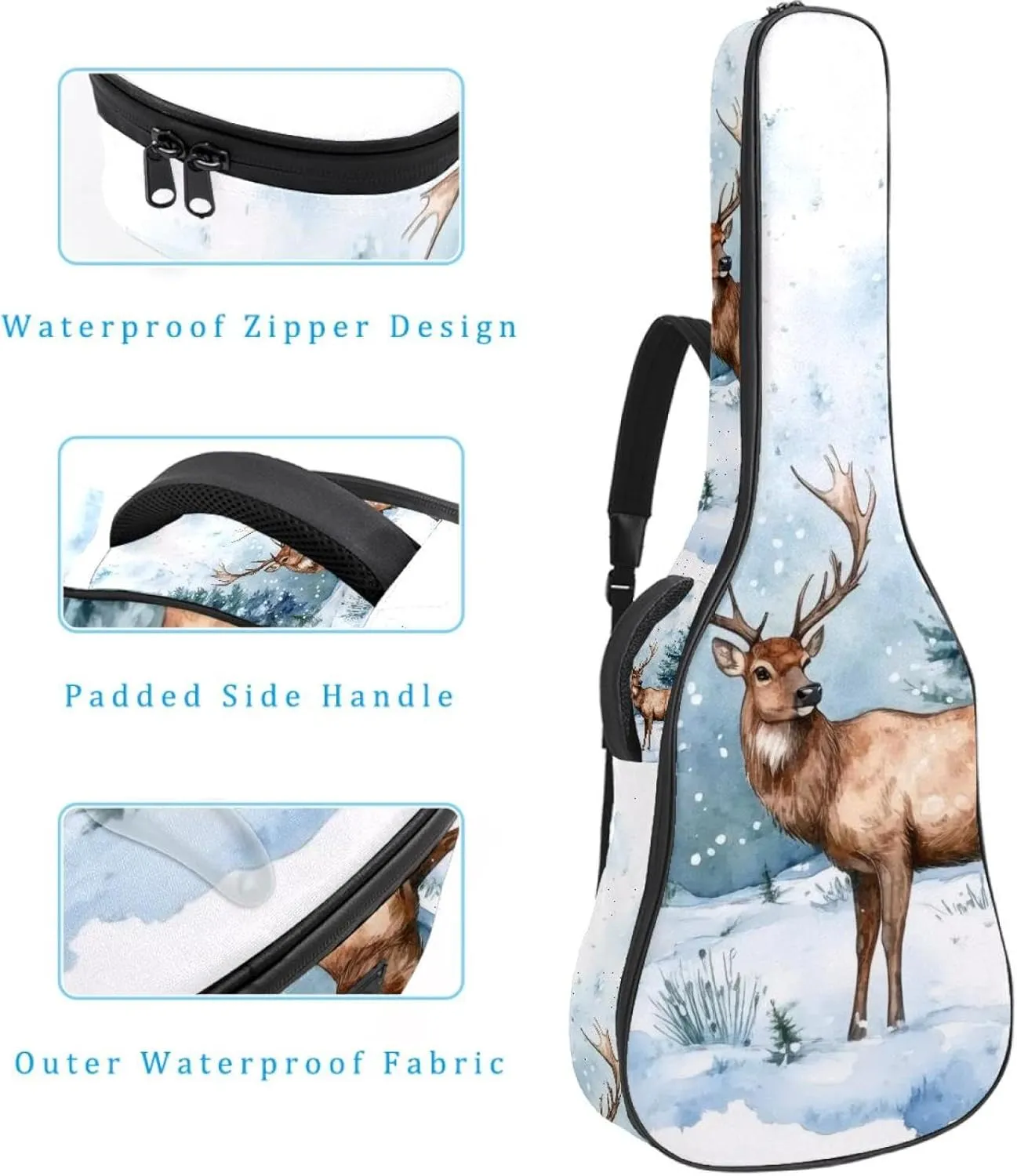 Acoustic Guitar Bag 1 cm Thick Padding, Waterproof Oxford Cloth Guitar Bag Backpack for 40-42 Inch Electric Bass Classical Guitars, Art Watercolor Wild Forest Deer Surrounded by Fir Trees