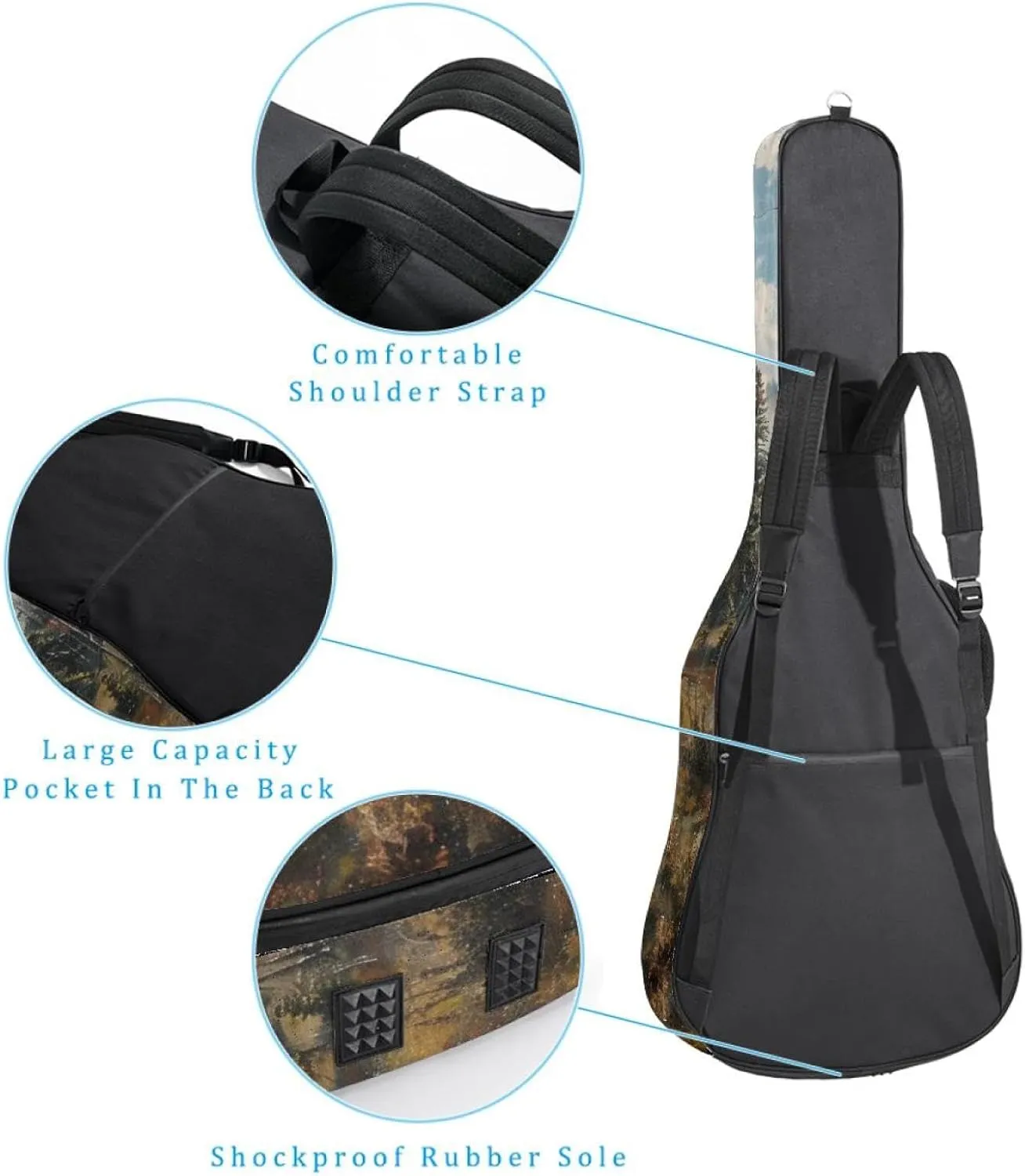 Acoustic Guitar Bag 1 cm Thick Padding, Waterproof Oxford Cloth Guitar Bag Backpack for 40-42 Inch Electric Bass Classical Guitars, Caribou Forest Tree