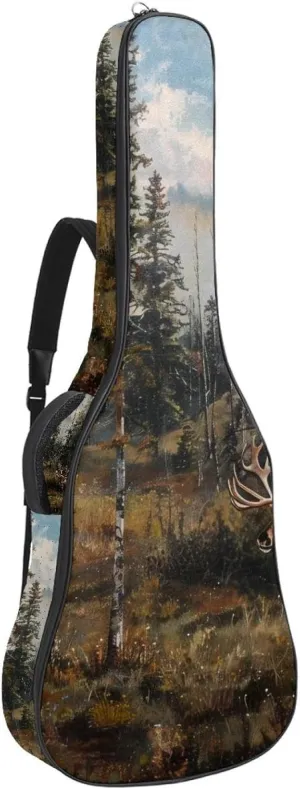 Acoustic Guitar Bag 1 cm Thick Padding, Waterproof Oxford Cloth Guitar Bag Backpack for 40-42 Inch Electric Bass Classical Guitars, Caribou Forest Tree