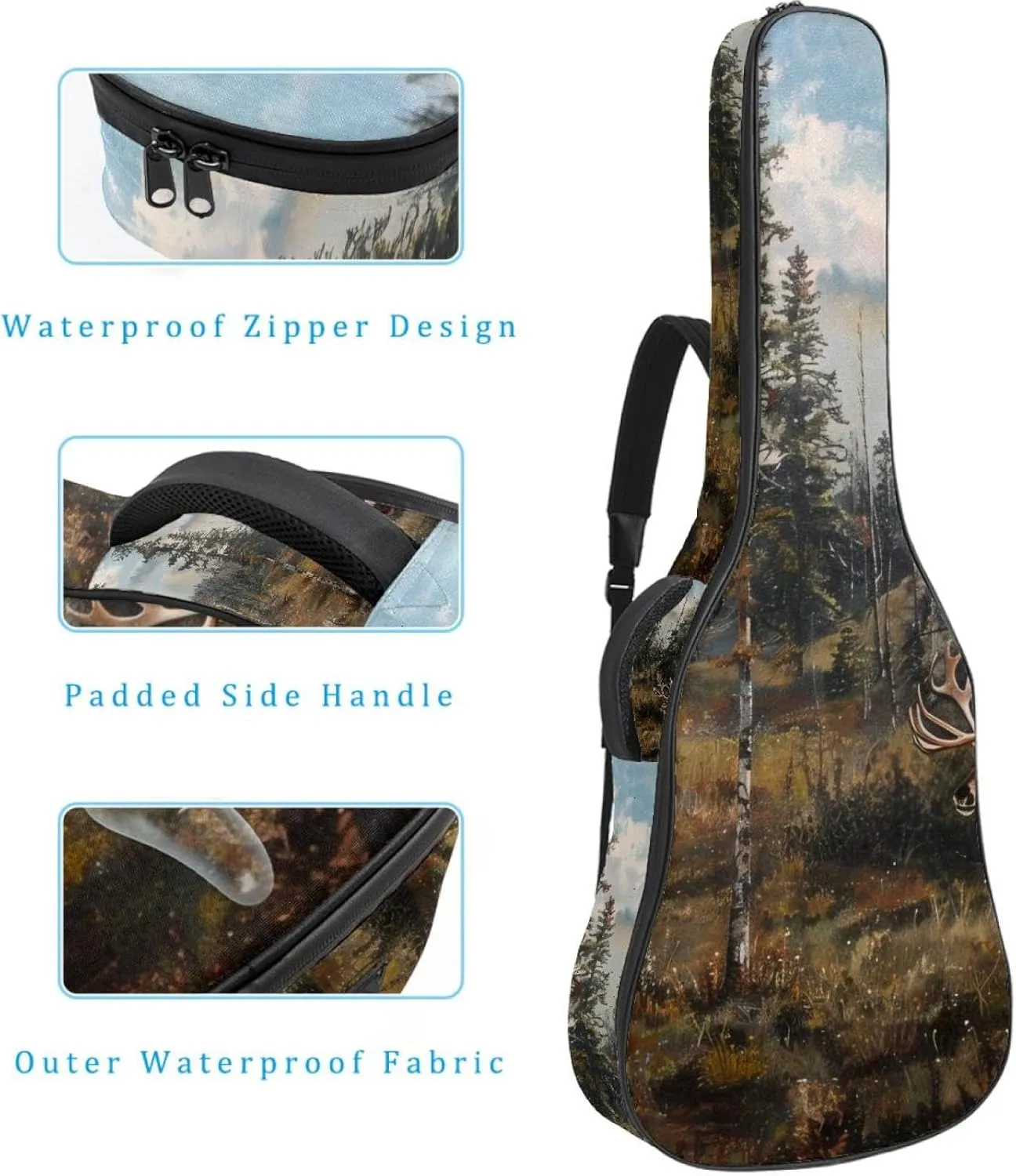 Acoustic Guitar Bag 1 cm Thick Padding, Waterproof Oxford Cloth Guitar Bag Backpack for 40-42 Inch Electric Bass Classical Guitars, Caribou Forest Tree