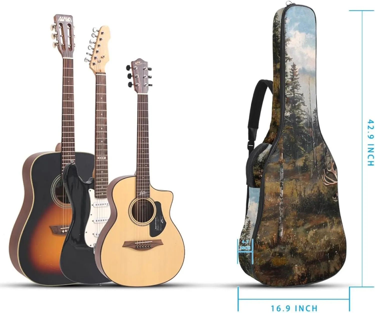 Acoustic Guitar Bag 1 cm Thick Padding, Waterproof Oxford Cloth Guitar Bag Backpack for 40-42 Inch Electric Bass Classical Guitars, Caribou Forest Tree