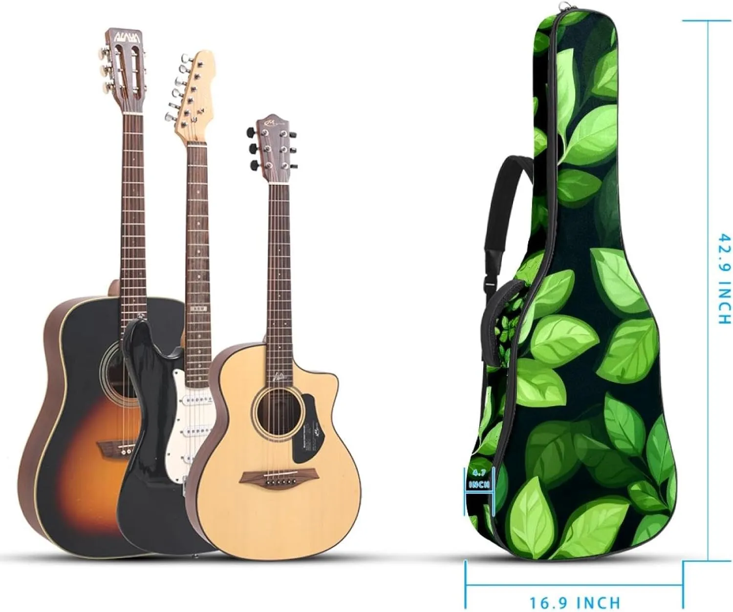 Acoustic Guitar Bag 1 cm Thick Padding, Waterproof Oxford Cloth Guitar Bag Backpack for 40-42 Inch Electric Bass Classical Guitars, Small Green Leaves Seamless Pattern