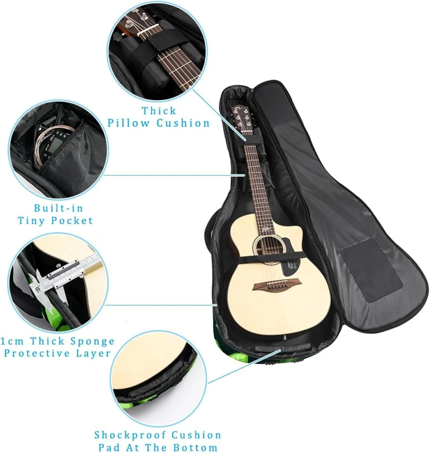 Acoustic Guitar Bag 1 cm Thick Padding, Waterproof Oxford Cloth Guitar Bag Backpack for 40-42 Inch Electric Bass Classical Guitars, Small Green Leaves Seamless Pattern