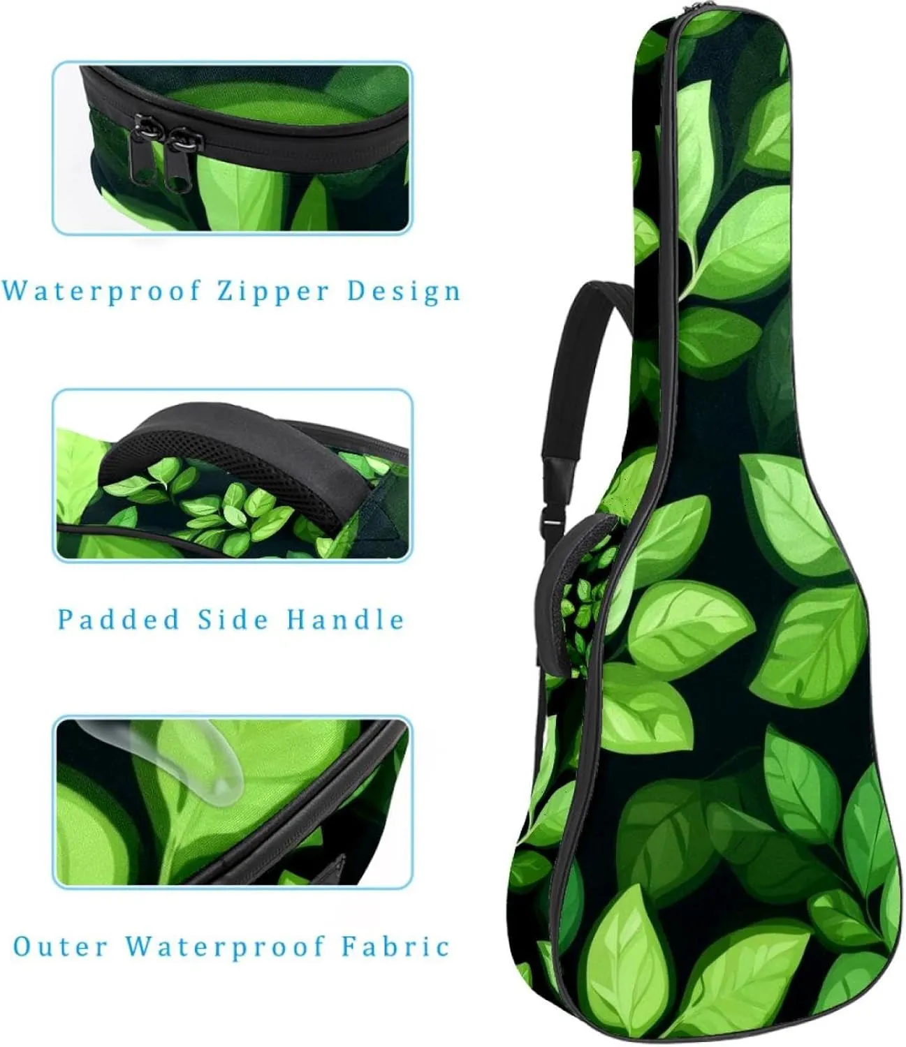 Acoustic Guitar Bag 1 cm Thick Padding, Waterproof Oxford Cloth Guitar Bag Backpack for 40-42 Inch Electric Bass Classical Guitars, Small Green Leaves Seamless Pattern