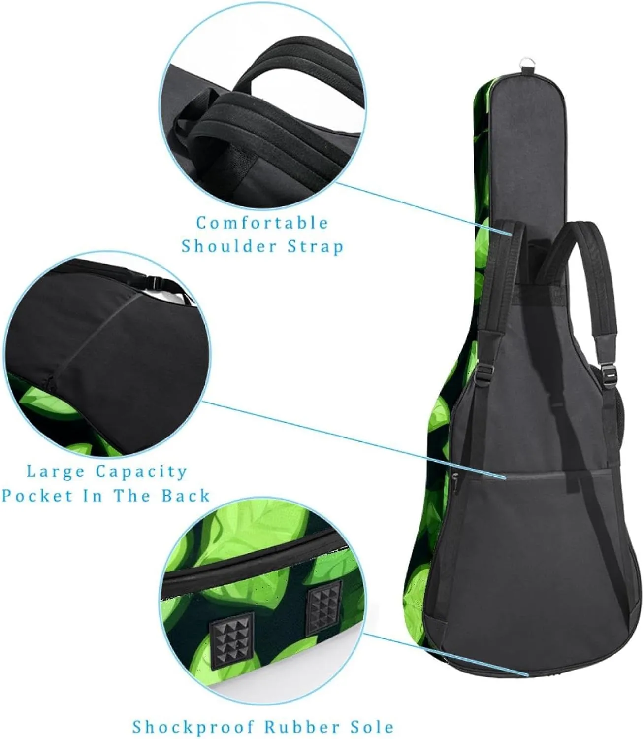 Acoustic Guitar Bag 1 cm Thick Padding, Waterproof Oxford Cloth Guitar Bag Backpack for 40-42 Inch Electric Bass Classical Guitars, Small Green Leaves Seamless Pattern